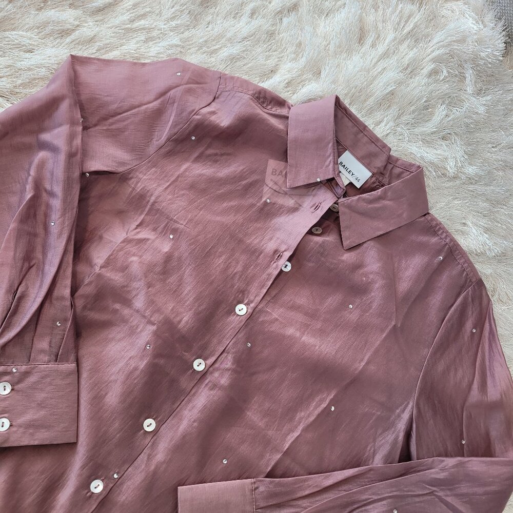 Bailey 44 Womens Top Button Front Blouse Semi Sheer Rhinestone Accent Sz S Pink